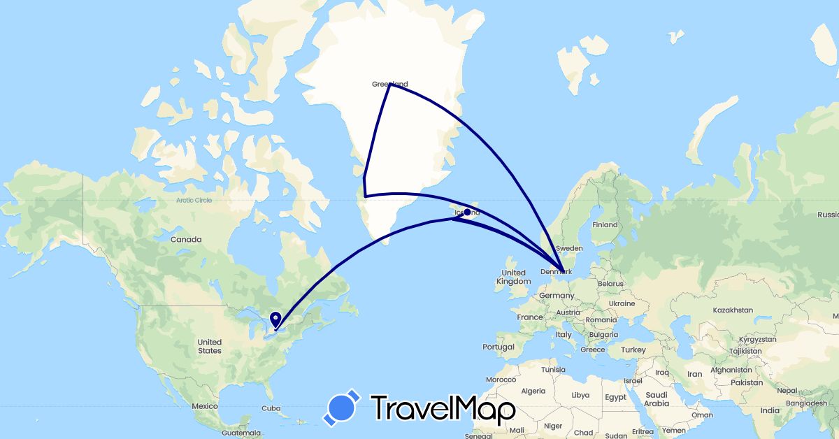 TravelMap itinerary: driving in Canada, Denmark, Greenland, Iceland (Europe, North America)