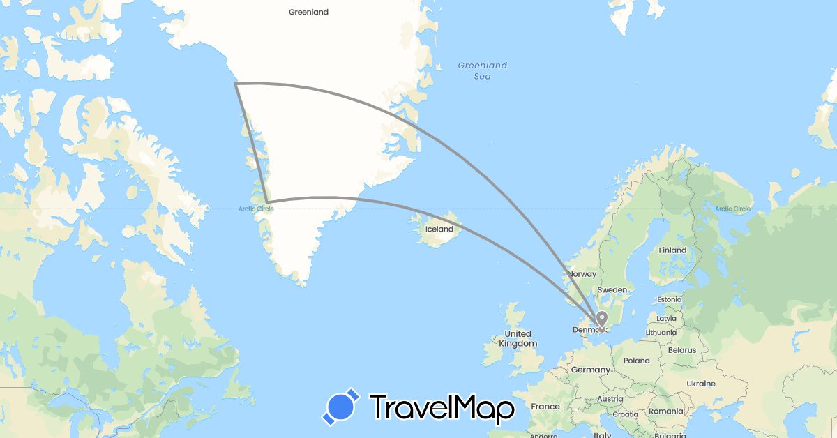 TravelMap itinerary: driving, plane in Denmark, Greenland (Europe, North America)