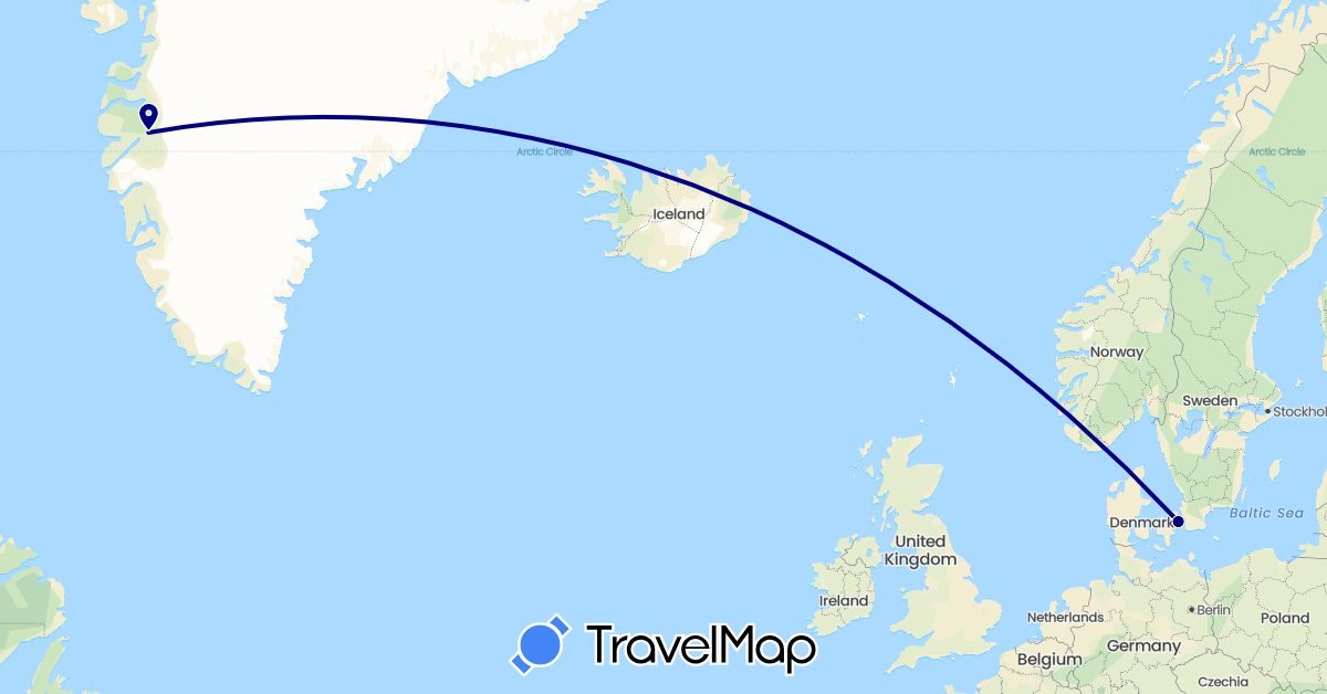 TravelMap itinerary: driving in Denmark, Greenland (Europe, North America)